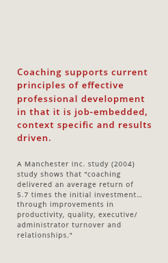 Coaching supports current principles of effective professional development in that it is job-embedded, context specific and results driven. A Manchester Inc. study (2004) study shows that "coaching delivered an average return of 5.7 times the initial investment…through improvements in productivity, quality, executive/administrator turnover and relationships."